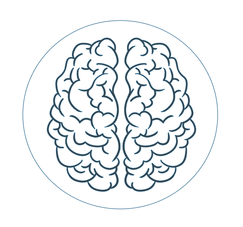 Light blue circle outlining an icon of a human brain.